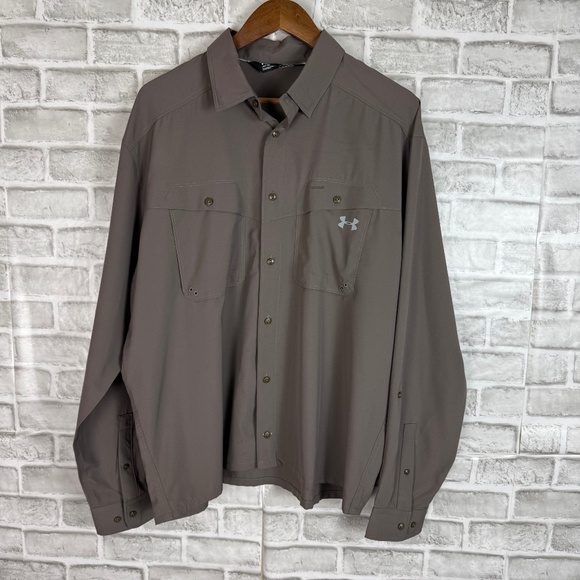 Under Armour HeatGear Loose Fit Long Slv Gray Double Pocket Button Up Shirt XL - Picture 1 of 7
